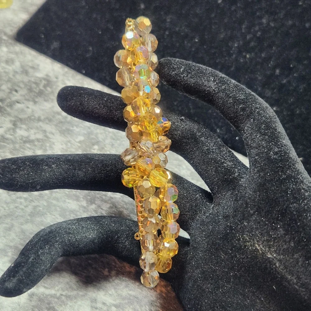 Vintage Amber AB Crystal Bead Bar Brooch Gold Tone Iridescent Cluster Pin